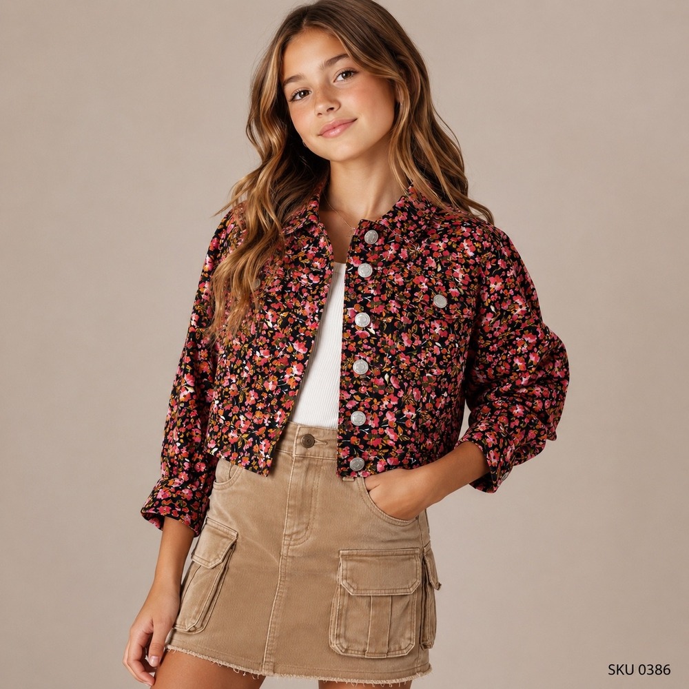 Social Standard Sanctuary Girls Floral Denim Jacket Pink Orng Blck L 10-12 0386